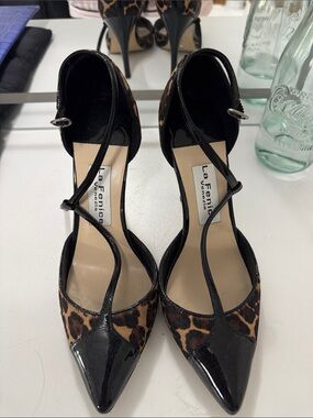 Leopard Print Pointed Toe Ankle Strap Pumps in Black and Brown